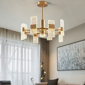 Vega chandelier installed in modern living room with warm light ambiance and sheer curtains