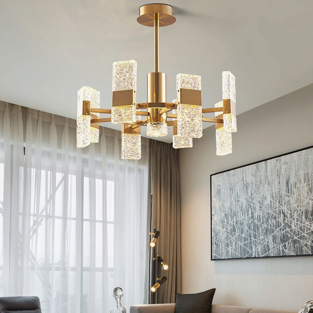 Vega chandelier installed in modern living room with warm light ambiance and sheer curtains