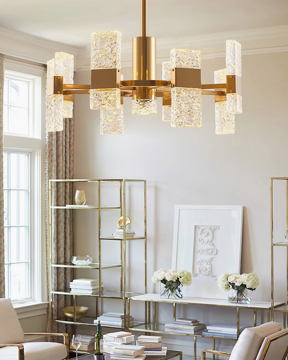 Side profile view of Vega mid-century modern chandelier in decorated luxury living room