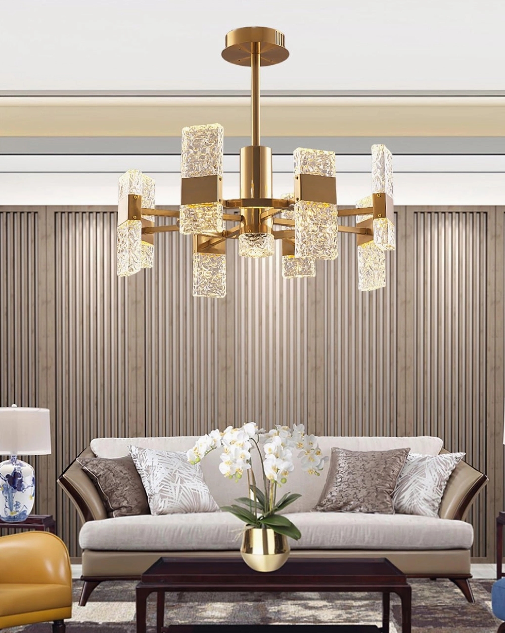 Vega chandelier in modern living room with vertical striped walls and beige sofa