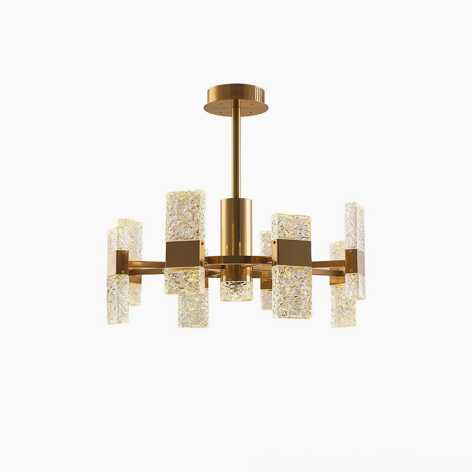 Vega mid-century modern LED chandelier detail shot showing textured glass shades