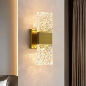 Vega wall lamp installed in modern living room with warm ambient lighting illuminating textured glass