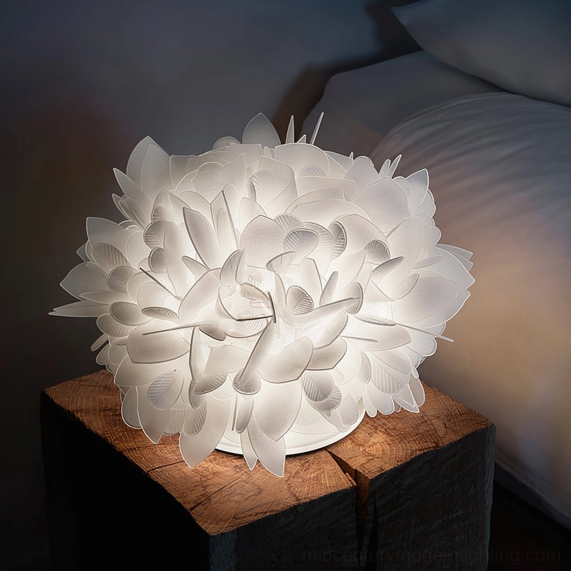 Veli Foliage white petal lamp on rustic wood stool bedroom bedside placement