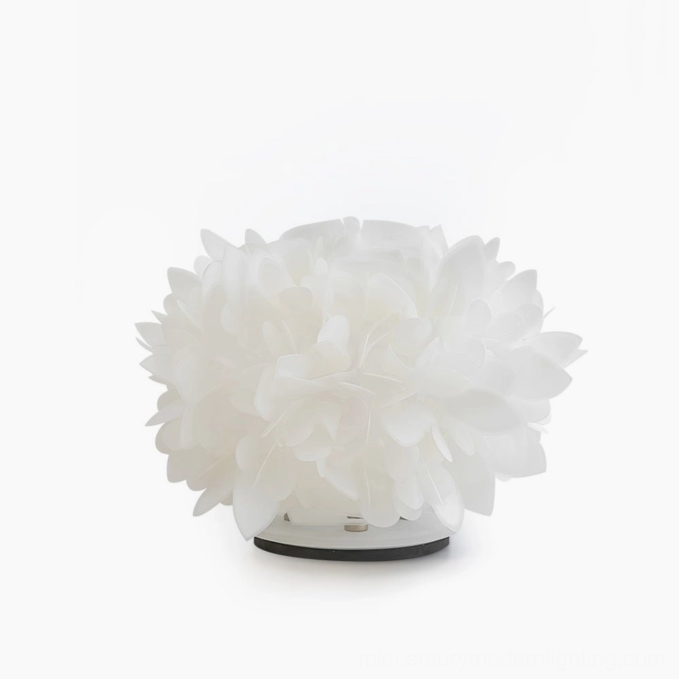 Veli Foliage petal table lamp with white shade and black base on minimalist white background