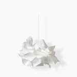 Veli white sculptural pendant lamp with folded paper shade, front view on white background, mid-century modern design