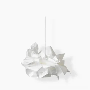 Veli white sculptural pendant lamp with folded paper shade, front view on white background, mid-century modern design