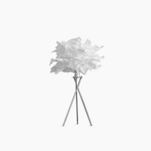 Veli cloud paper table lamp with handcrafted mulberry paper shade, chrome metal tripod base, isolated studio view showing sculptural ruffled design