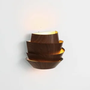 Veneer wood grain wall sconce side angled overhead shot showing layered panel construction and warm gap-emitted light