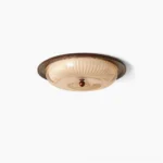 Veneta mid-century ceiling light with ribbed glass shade and walnut finial, direct frontal view