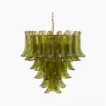 Verdant Petalo handcrafted glass chandelier with cascading olive green petals and gold hanging chain - front full view