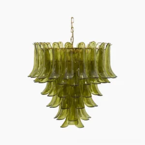 Verdant Petalo handcrafted glass chandelier with cascading olive green petals and gold hanging chain - front full view