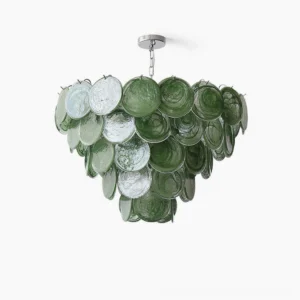 Verde Glass Disc Chandelier front view with hand-pressed green glass discs cascading in tiered layers