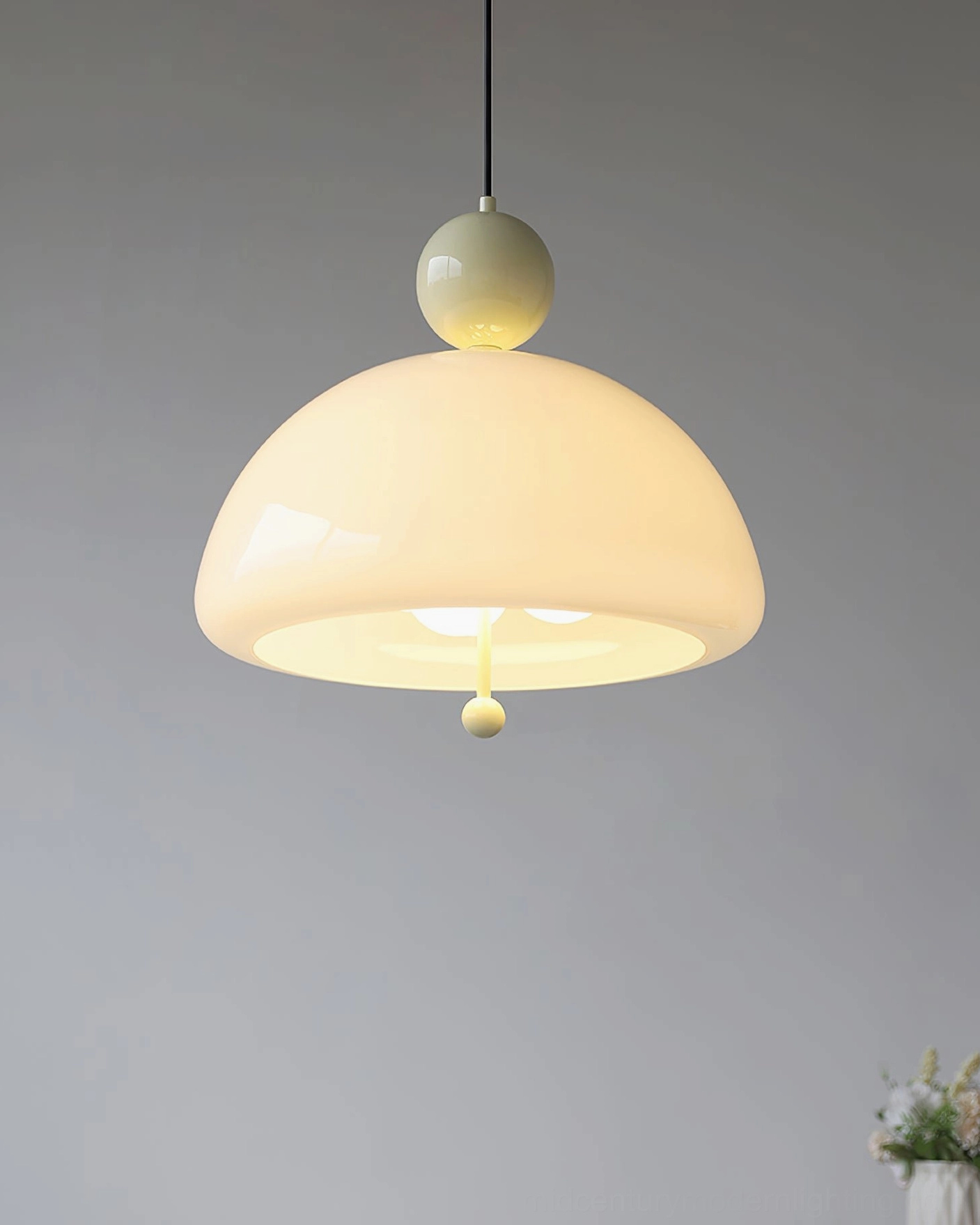 Verona pendant fixture with turned hardwood accent and hand-blown glass dome detail