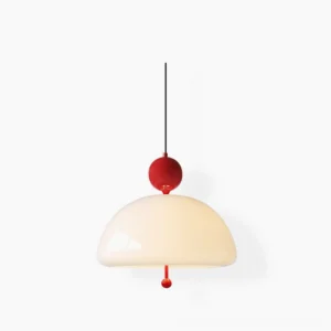 Verona hand-blown glass pendant lamp with red decorative orbs and cream dome, front view studio shot