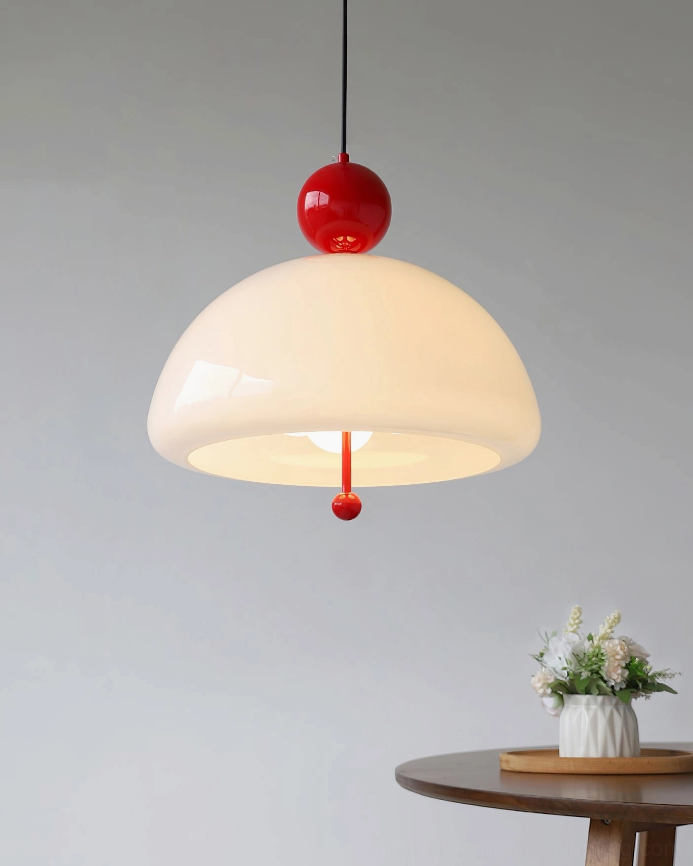 Verona hand-blown glass pendant with red accent orbs in Nordic minimalist home setting