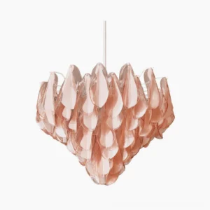 Verona Pink Murano glass chandelier front view, hand-blown petal design with tiered silhouette on white background