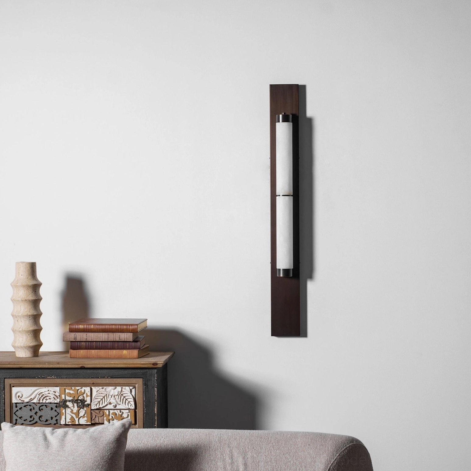 Vertical alabaster wall lamp geometric minimalist form modern cylindrical design