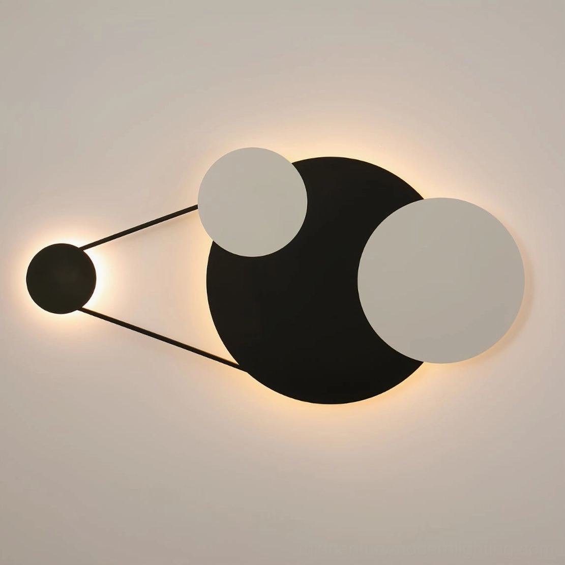 Close-up front view of Vertical Trio geometric lamp showing black central disc and white panel composition