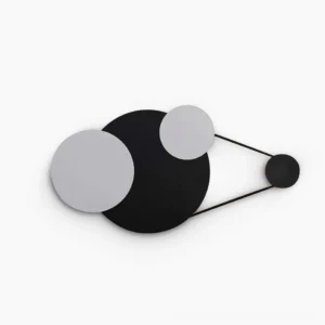 Vertical Trio geometric wall lamp with black metal frame and sand white circular panels, direct front view studio shot