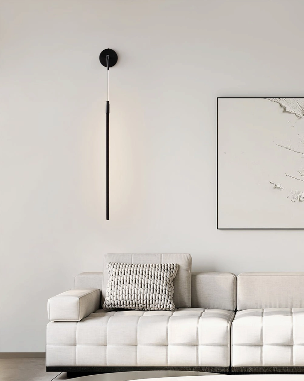 Vesta matte black linear wall lamp in modern living room interior design