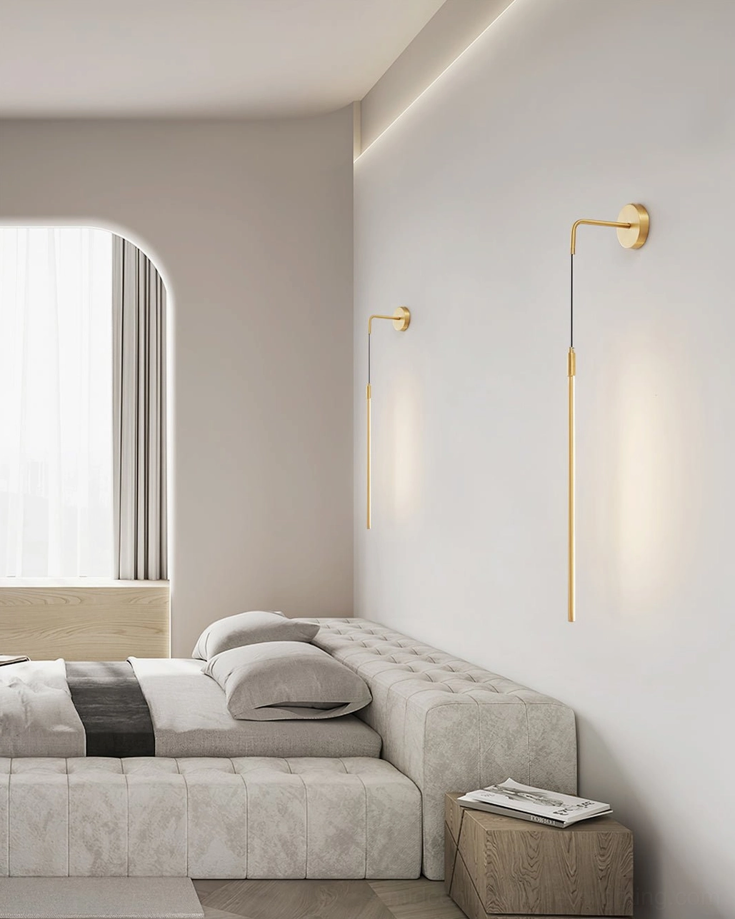 Vesta wall lamps black and brass pair modern bedroom with arched window