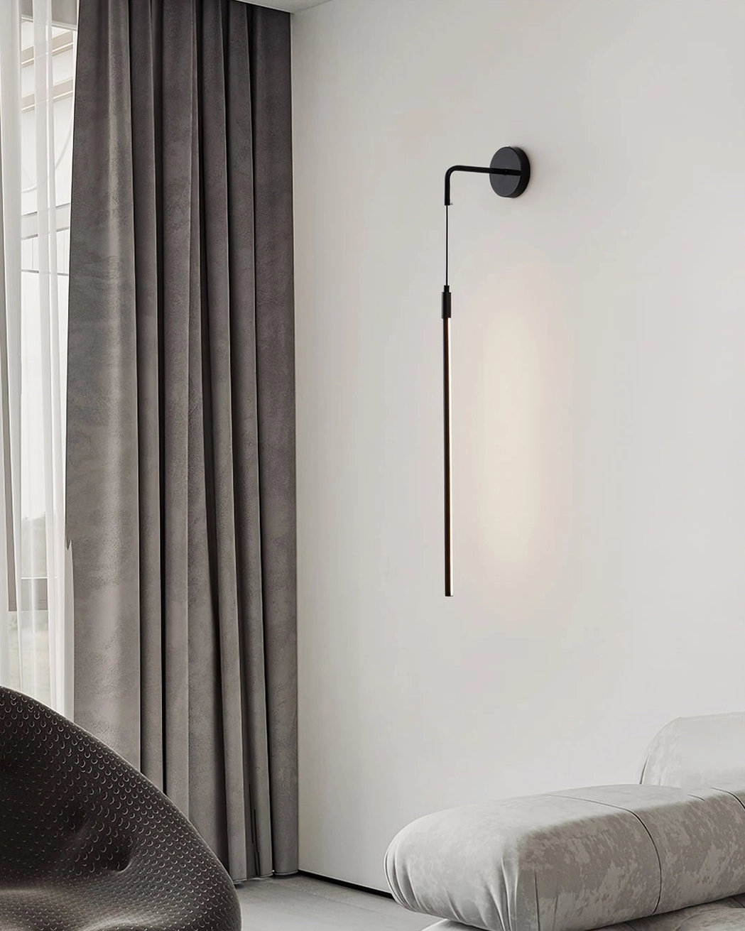 Vesta wall lamp minimalist neutral home style gray curtains lounge chair