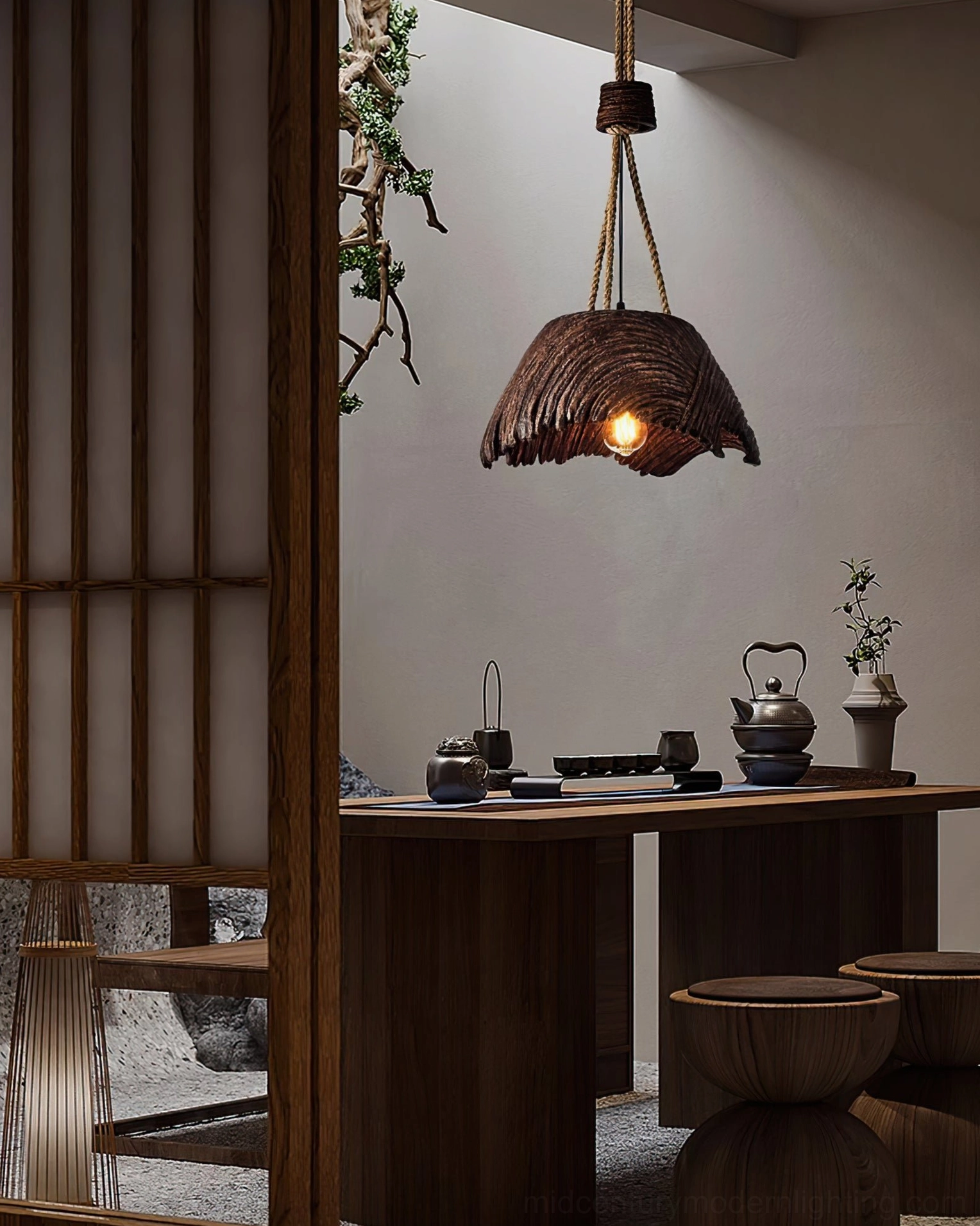 Viana pendant suspended in Japanese-style tea room with rustic wooden interior, wabi-sabi ambiance