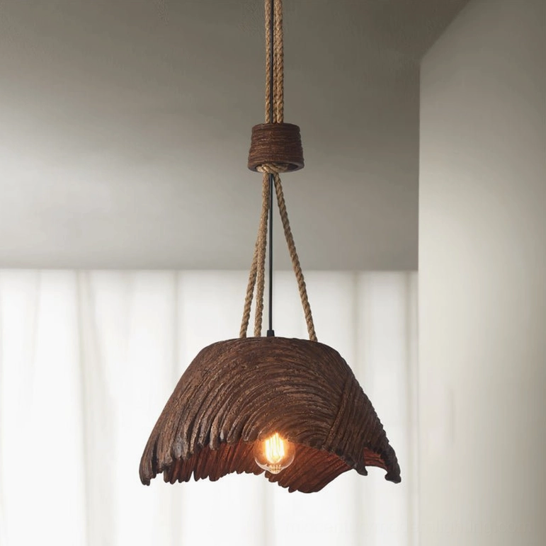 Viana wabi-sabi pendant light in brown finish with twisted rope hanger, full product view