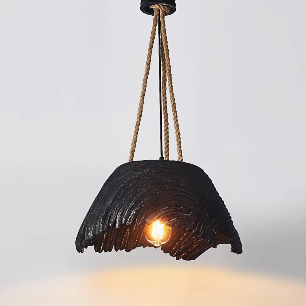 Viana handcrafted pendant light in black finish showing textured shade and rope suspension detail