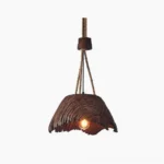Viana wabi-sabi pendant light with twisted rope suspension and striated brown shade, front studio view