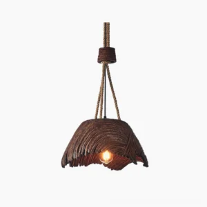 Viana wabi-sabi pendant light with twisted rope suspension and striated brown shade, front studio view