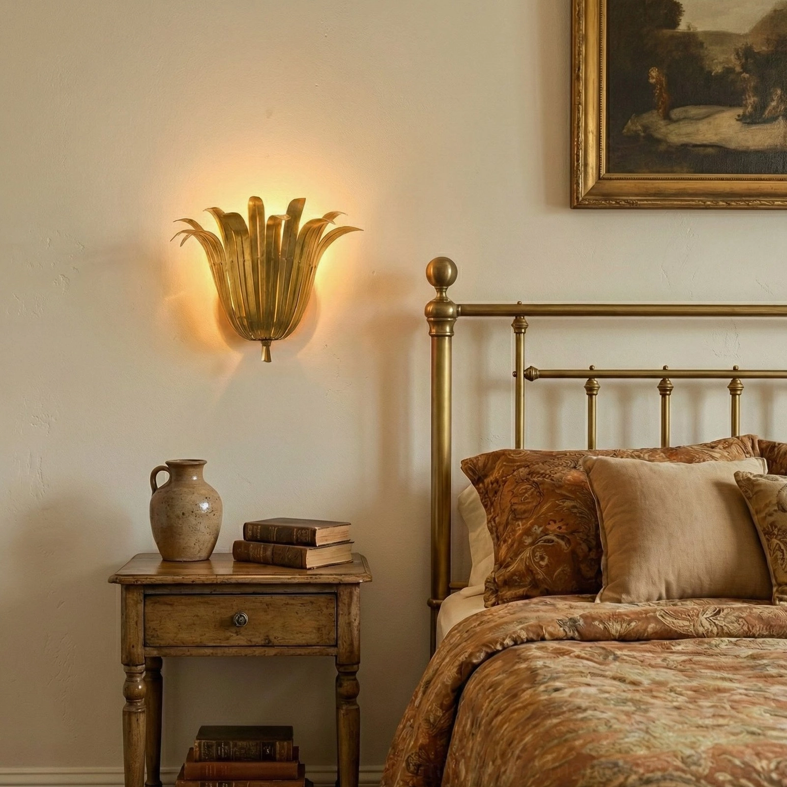 Pair of Vicenzio gold leaf wall lamps flanking large framed oil painting in vintage bedroom with fine art decor