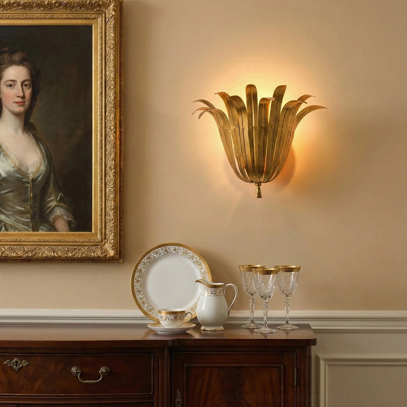 Close-up detail of Vicenzio gold leaf wall sconce mounted above vintage side cabinet with classic tableware ornaments
