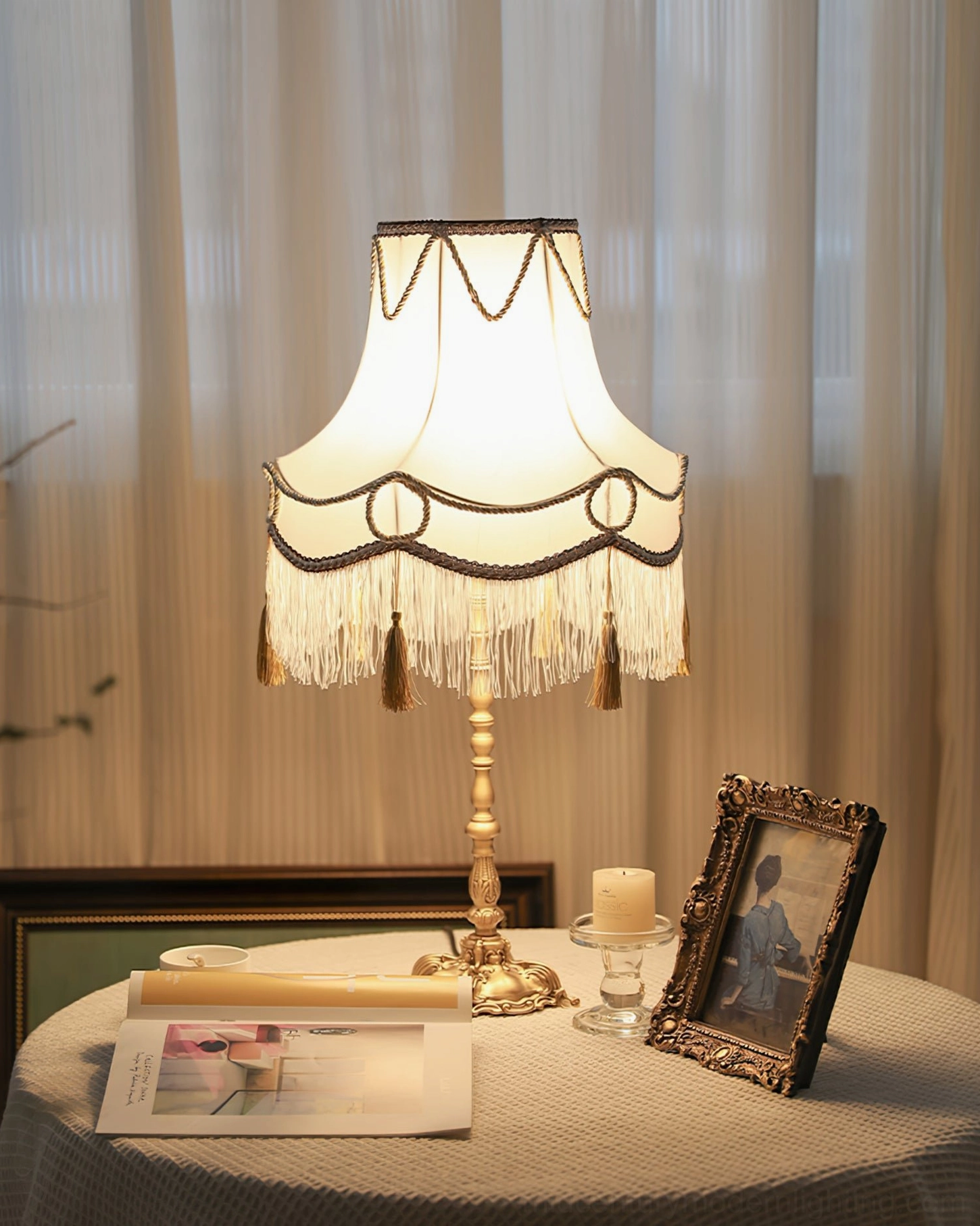 Complete Victorian brass table lamp with polished brass base and tassel-trimmed fabric lampshade