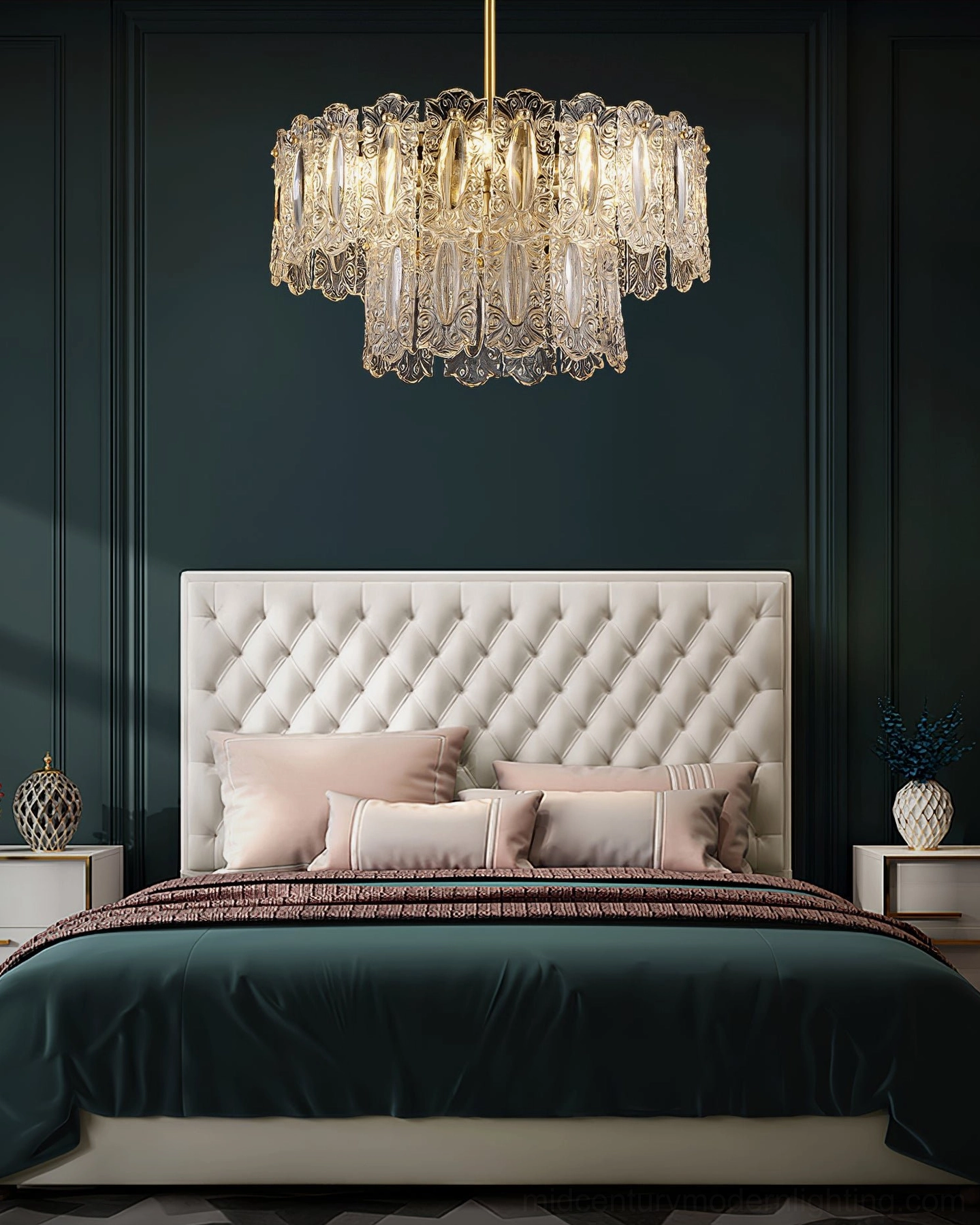 Vienna crystal chandelier installed in contemporary dining room with elegant table setting