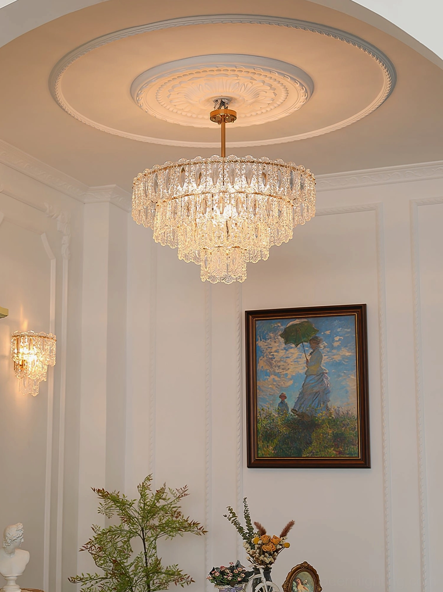 Vienna crystal chandelier in French-style residential living room with matching wall sconce elegant decor