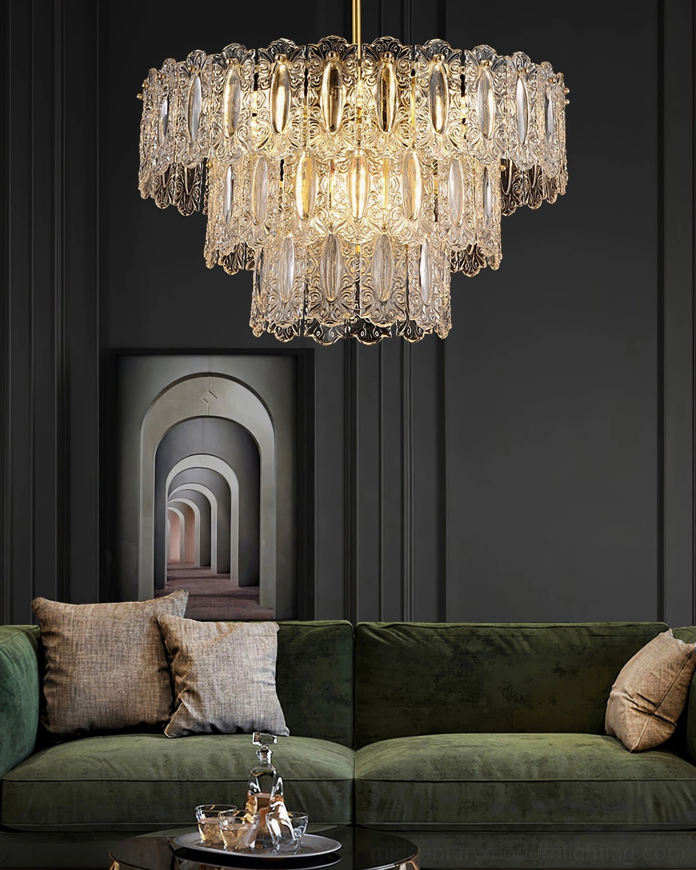 Vienna crystal chandelier showing light refraction through transparent glass petals