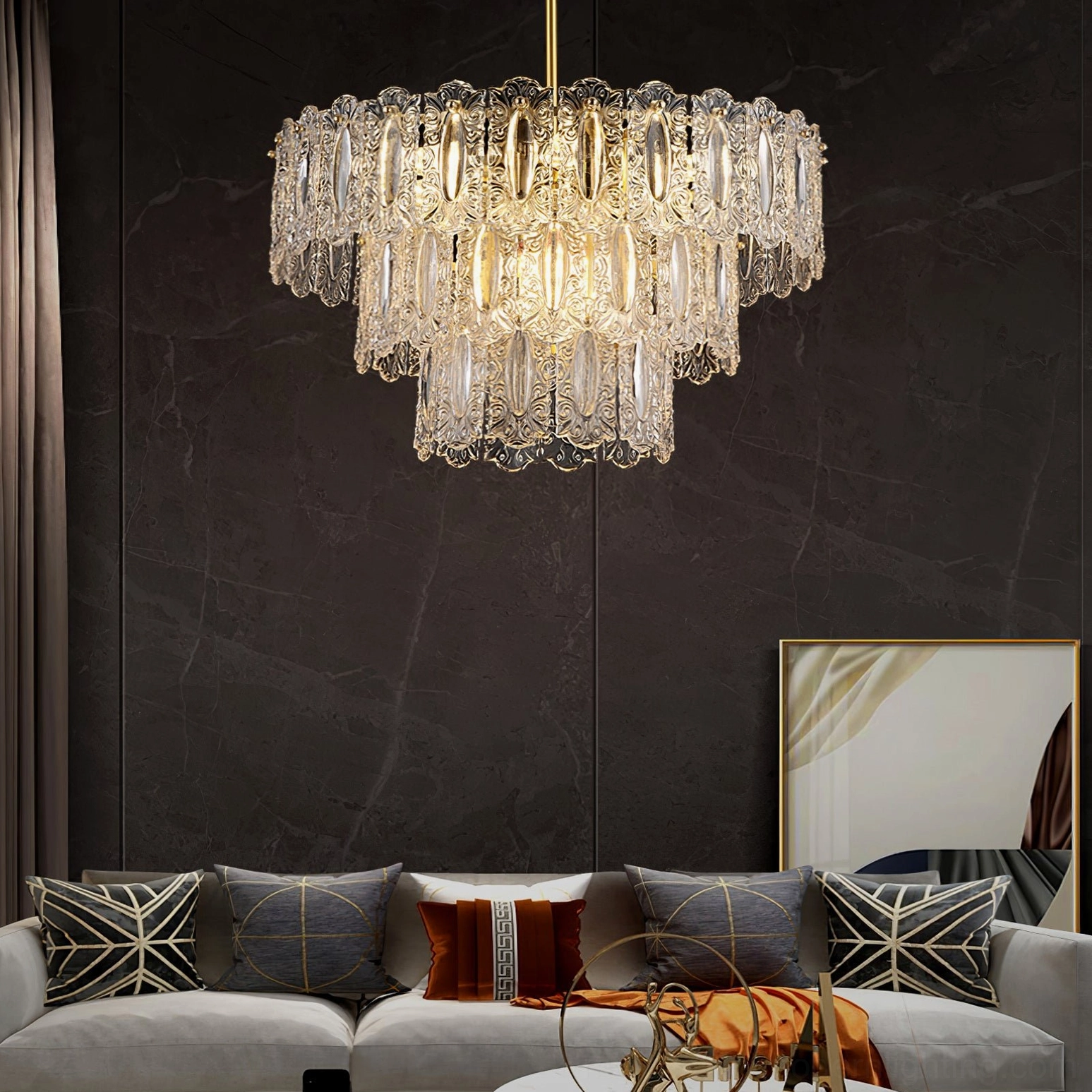 Vienna crystal chandelier mid-century modern interior styling with transitional furnishings