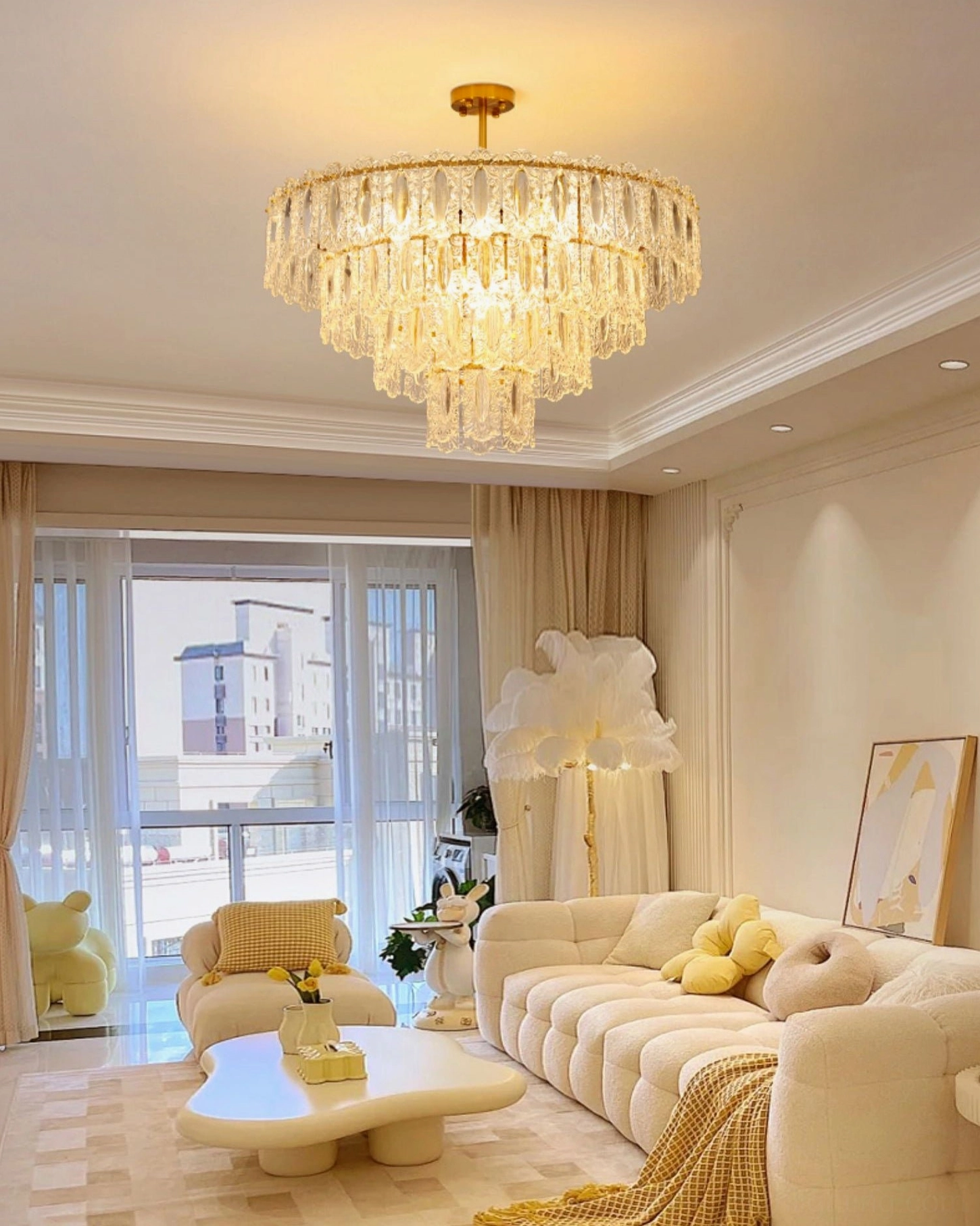 Vienna multi-layer crystal chandelier showing layered petal construction and light diffusion effect