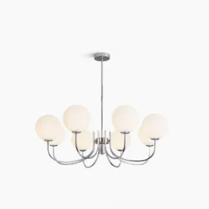 Vierra 8-head globe chandelier front overhead view, polished chrome frame with frosted white glass shades in modern minimalist style