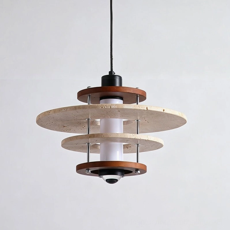 Vigo travertine pendant light complete fixture showing architectural design with stacked stone rings walnut wood frame and metal suspension hardware
