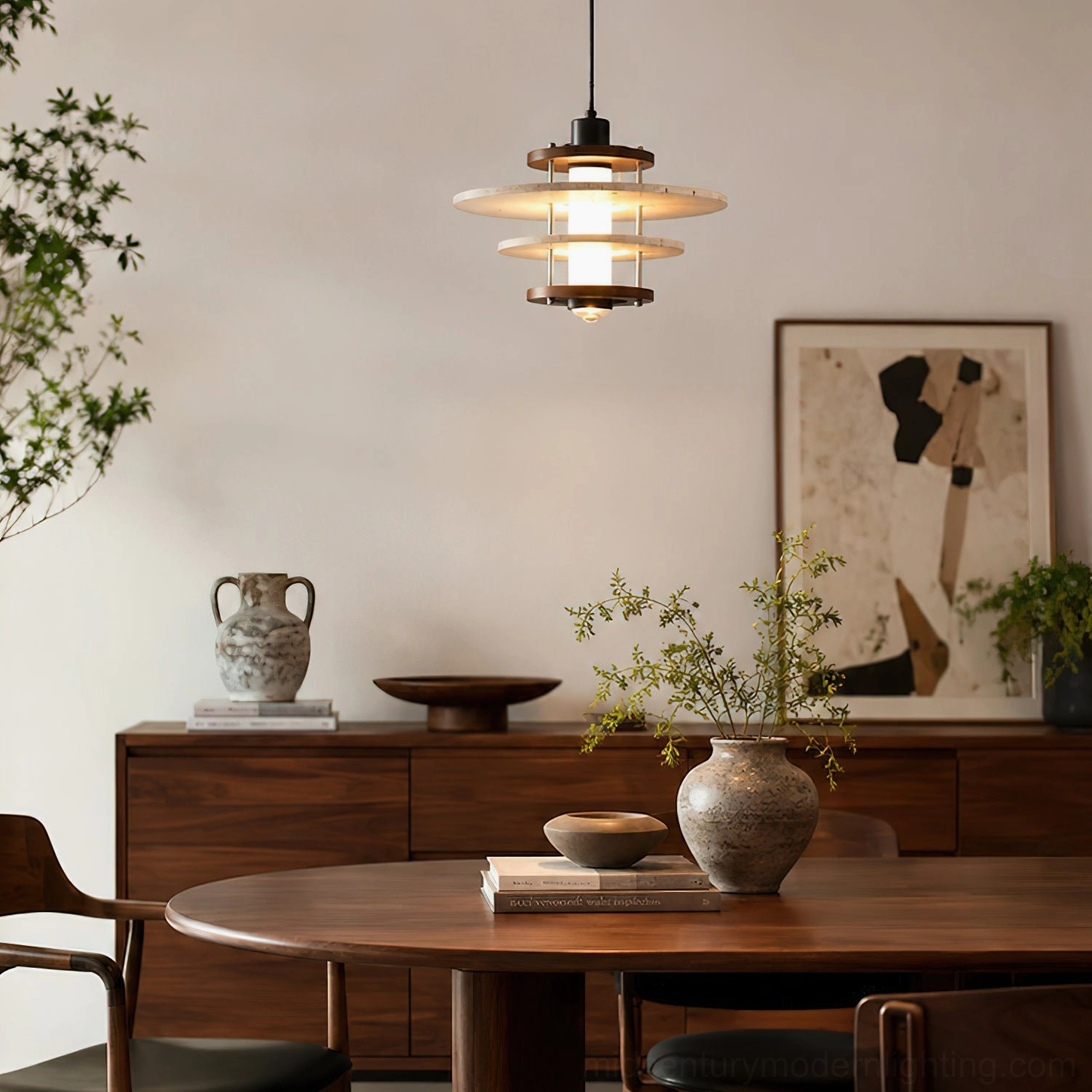 Vigo travertine stone pendant lamp installed in vintage wooden dining room creating warm ambient lighting over table, mid-century modern interior