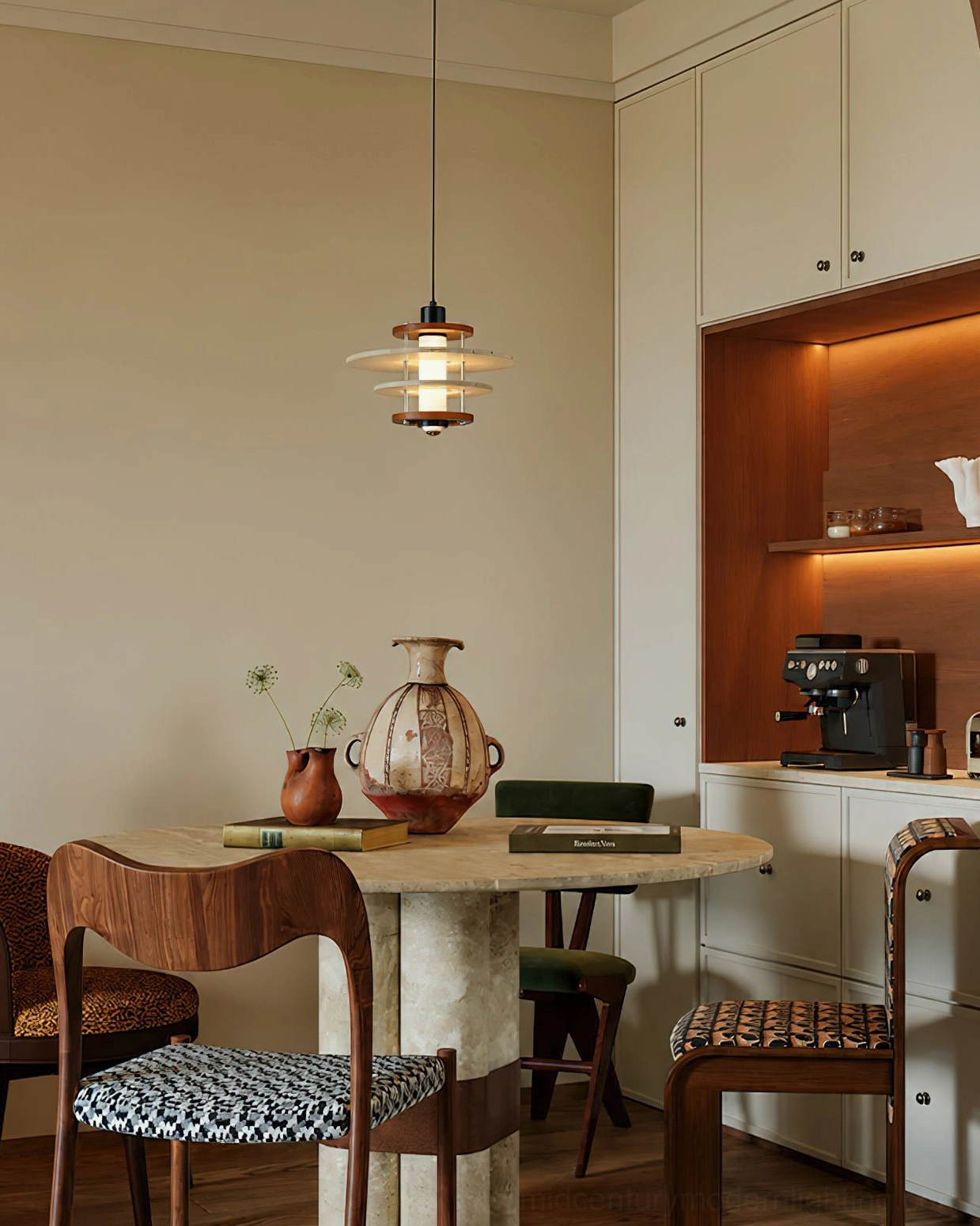 Modern kitchen nook with Vigo travertine pendant lamp providing soft warm lighting above compact dining space with cabinets