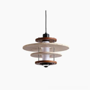 Vigo travertine pendant light featuring multi-layered yellow stone rings with walnut wood frame and black metal hardware on white background, front view mid-century modern design