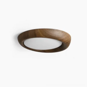 Vikaey organic wood ceiling light with curved walnut frame and frosted diffuser, front studio view