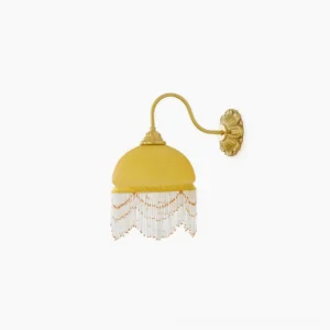 Vili brass wall lamp with yellow marbled glass shade and beaded tassel fringe on plain white background, front view
