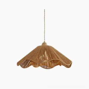 Vilna handwoven rattan pendant light with scalloped wave edge design, studio shot front view showing warm natural honey-tone weave