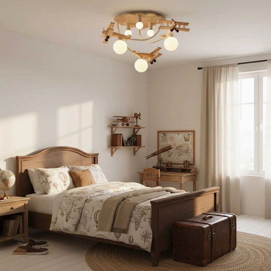 Aircraft ceiling lamp in vintage bedroom with wooden bed frame and airplane model shelves, eye-level perspective