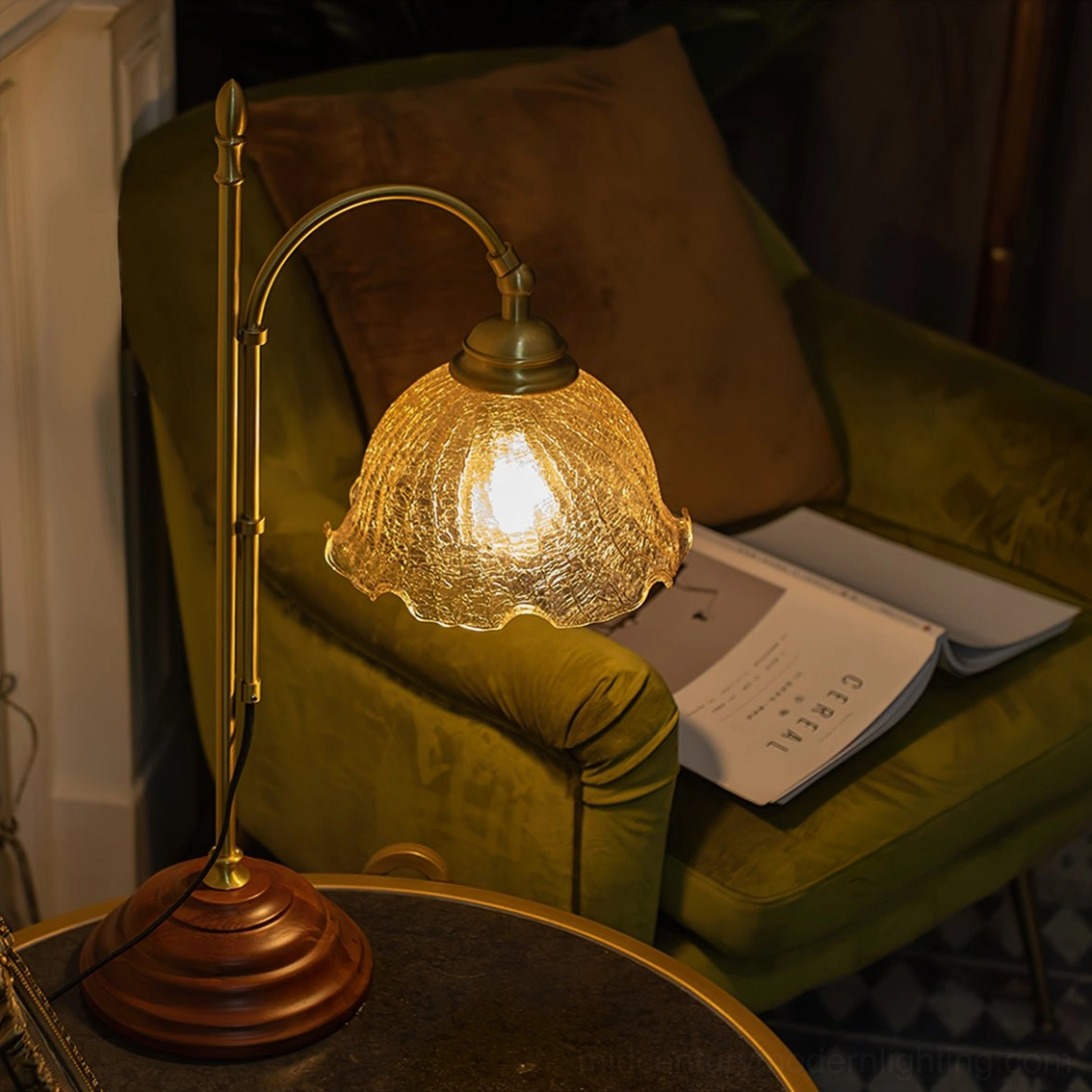 Vintage ambient lighting fixture with textured shade, showing brass and wood components assembly