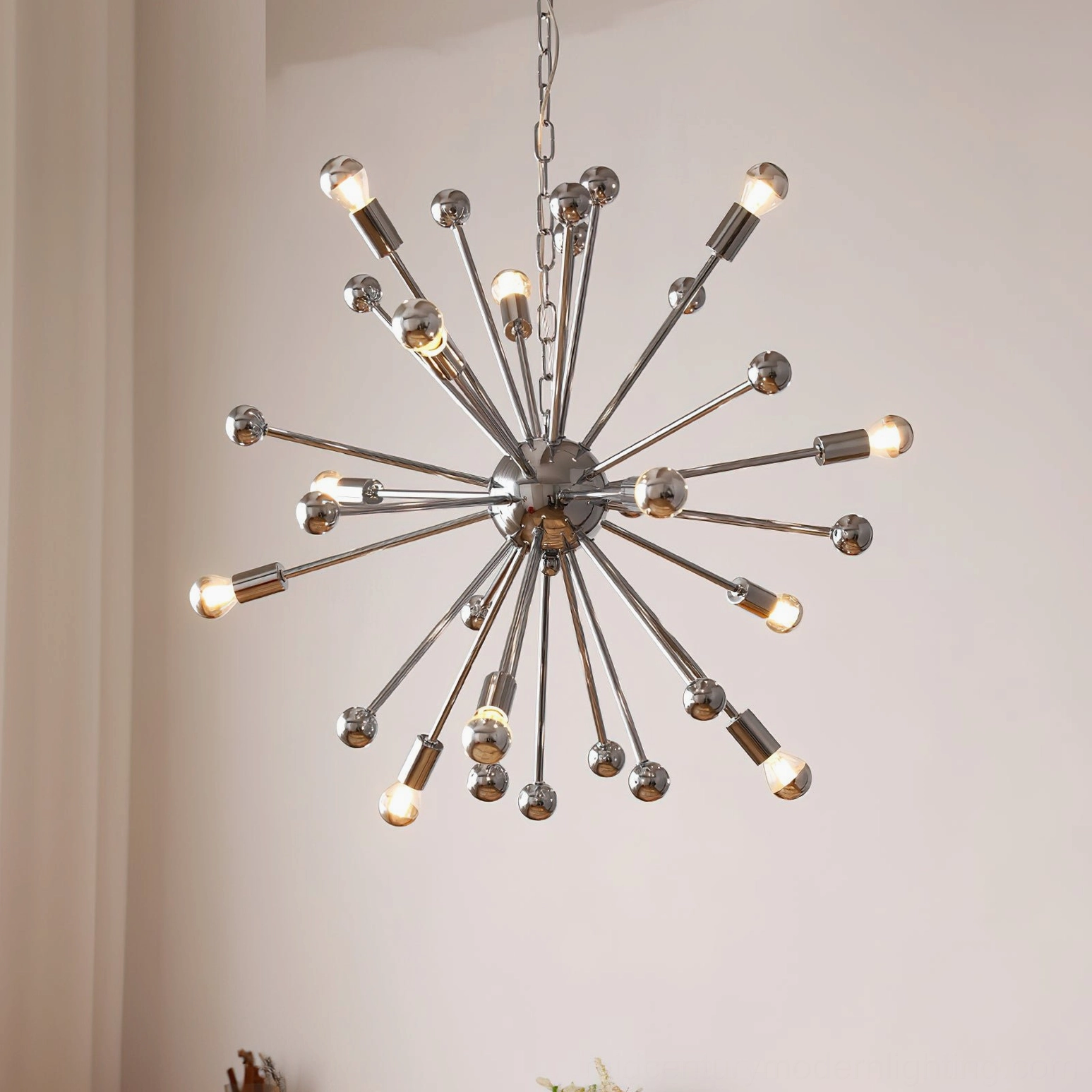 Vintage-inspired atomic sputnik chandelier polished chrome starburst overhead view